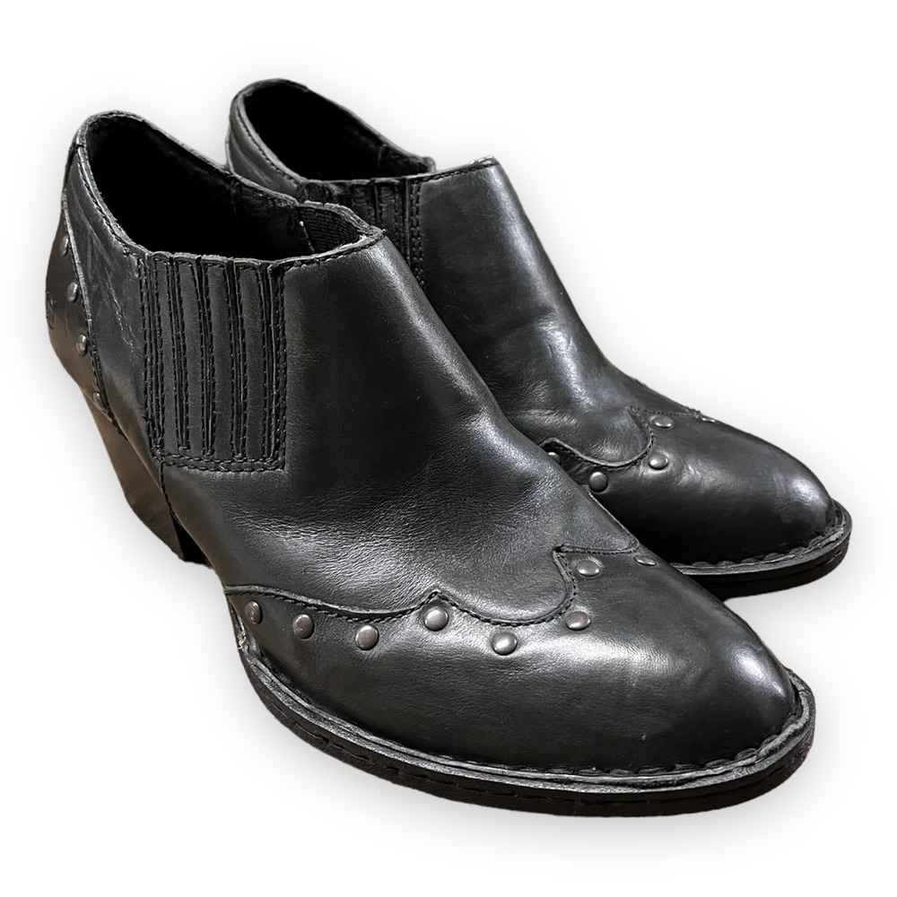 Born Black Leather Studded Western Ankle Boots Women's Size 8.5